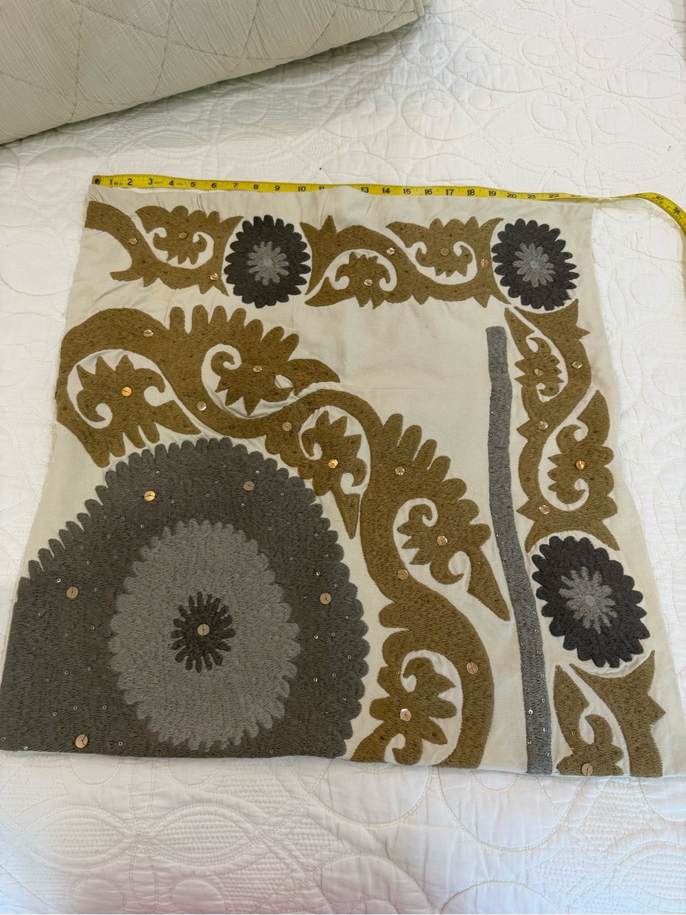 Pottery Barn Cream Pillow Cover with Brown and Gray Embroidered Medallions